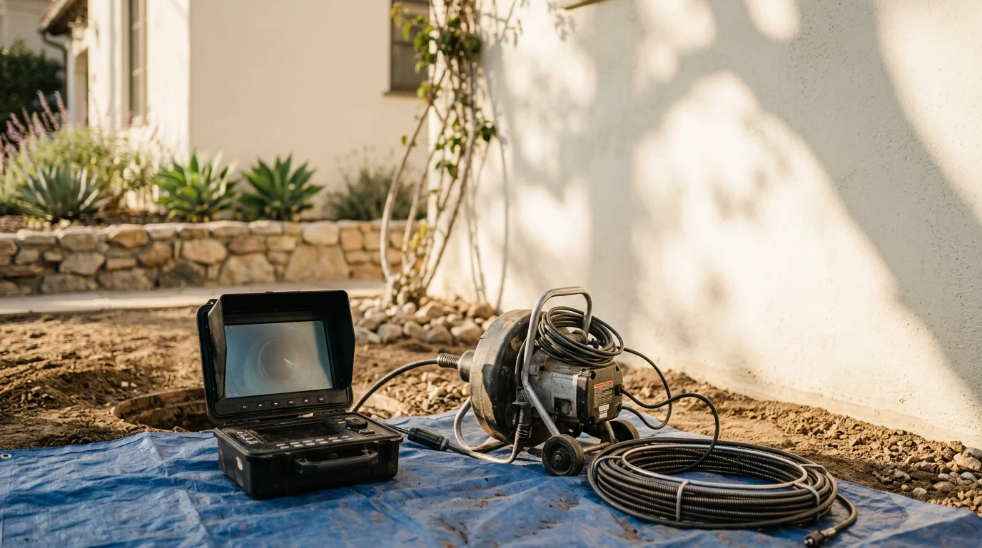 Technician performing a sewer inspection with camera equipment