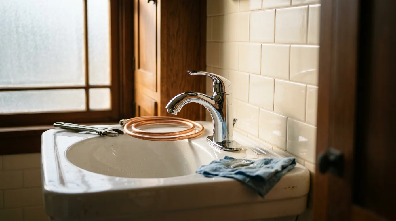 Plumber installing a water heater in a residential home