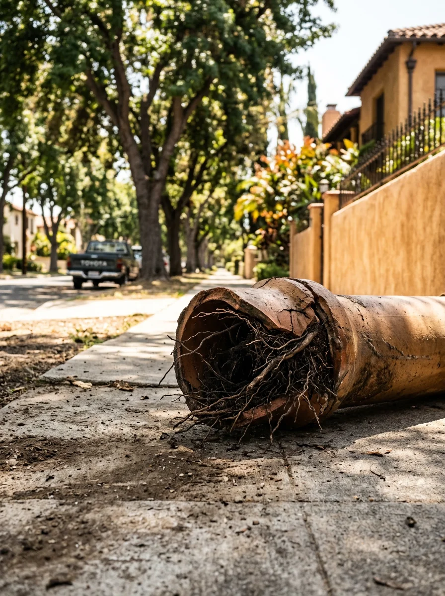 Blocked clay sewer lateral section removed from an Alhambra property, showing heavy root intrusion from a mature street tree growing through the pipe joint.