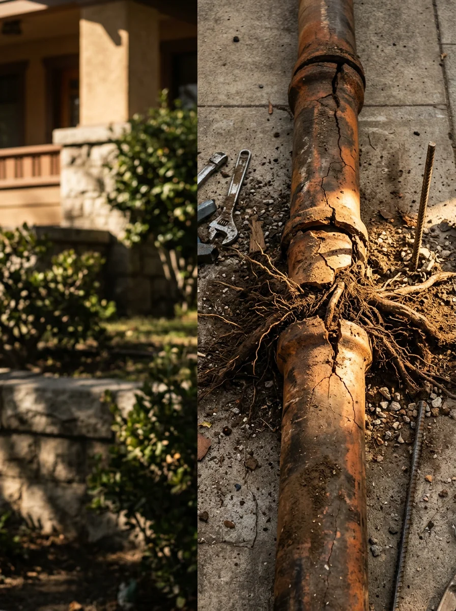 Corroded clay sewer lateral section removed from an Altadena property during a sewer repair, showing root intrusion and joint separation at the pipe connection.