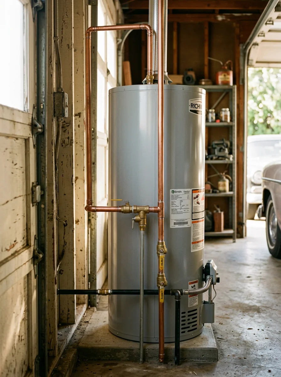 New water heater installation in the garage of a 1950s Arcadia single-family home, showing updated copper supply connections and a properly secured pressure relief valve.