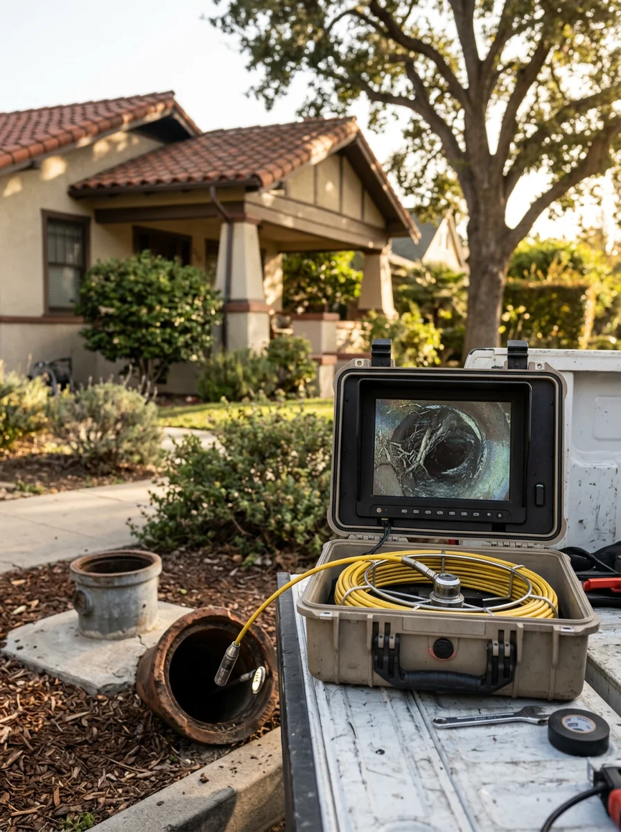 Sewer camera inspection monitor showing root intrusion inside a clay drain lateral beneath a 1930s Eagle Rock single-family home, with the camera probe visible at the pipe entrance.