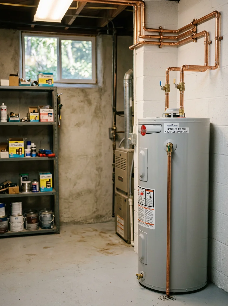 Water heater replacement in the utility room of a large La Canada Flintridge single-family home, showing new copper supply connections and a properly installed pressure relief valve.