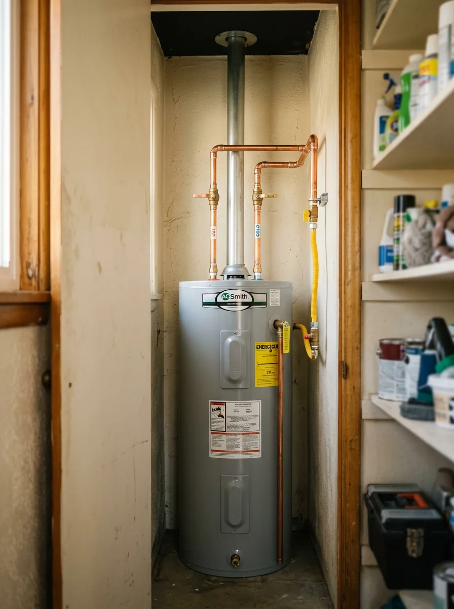 New water heater installation in the compact utility closet of a postwar Monrovia home, with copper supply connections and a new gas flex line visible.