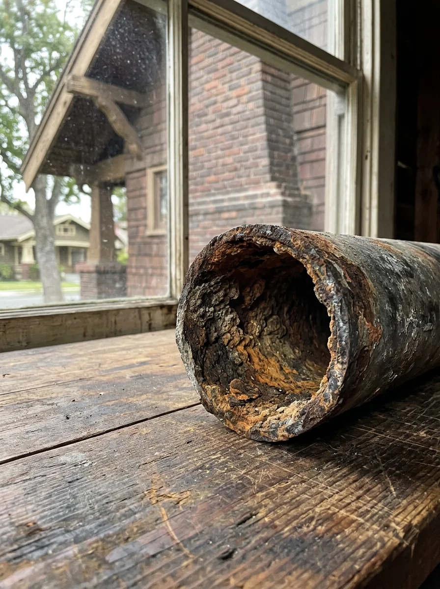 Close-up of corroded galvanized steel pipe removed from a pre-1940 Pasadena home during a repiping job, showing heavy internal rust buildup.