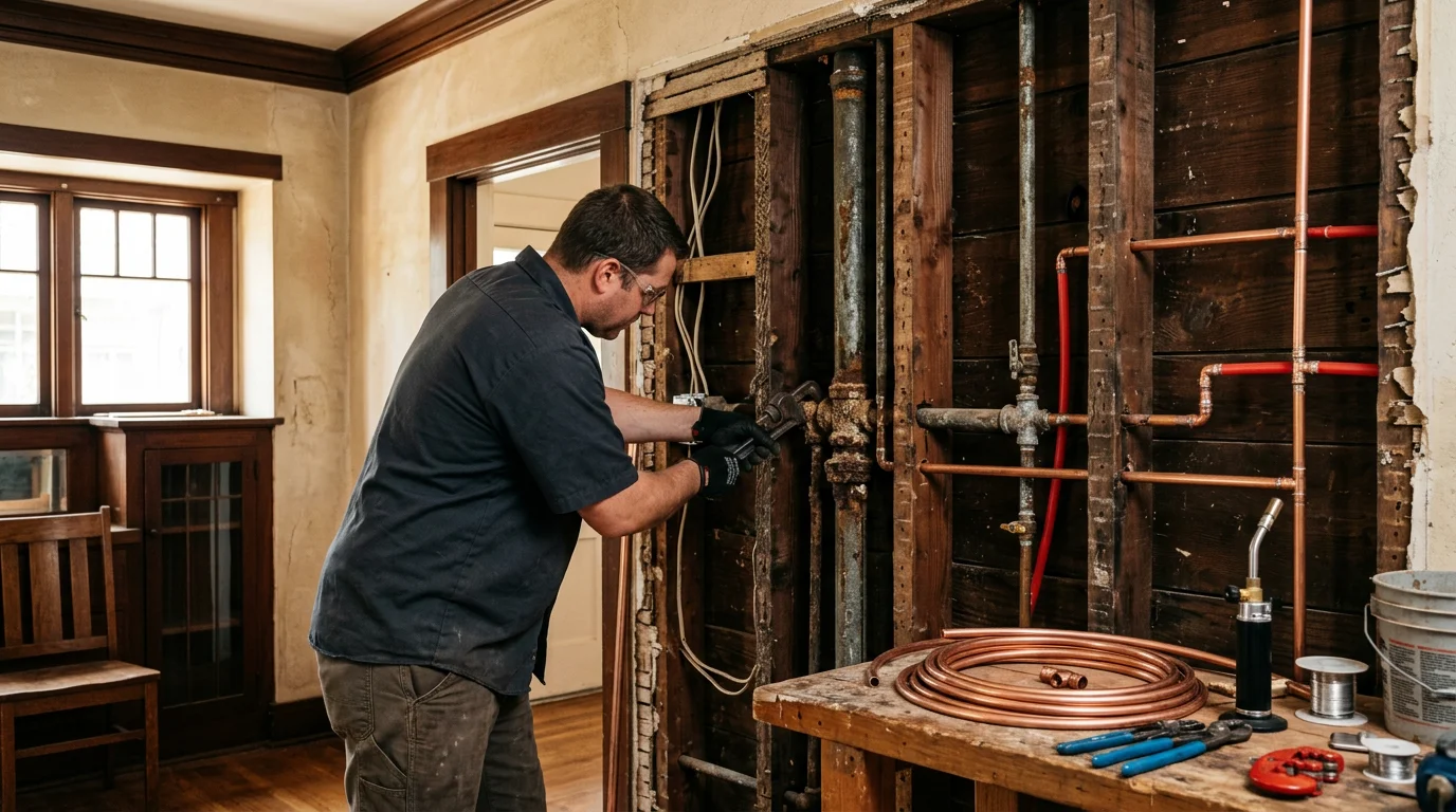 A plumber replacing galvanized supply pipes inside a 1920s Craftsman bungalow in Pasadena, CA, with original wood framing visible in the wall cavity.