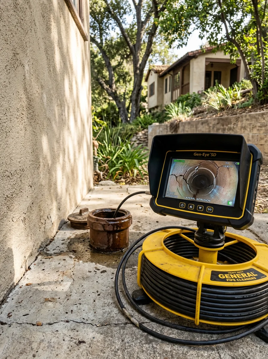 Sewer camera inspection equipment set up at the cleanout of a pre-1940 Sierra Madre property, with a monitor showing the interior of a cracked clay sewer lateral.