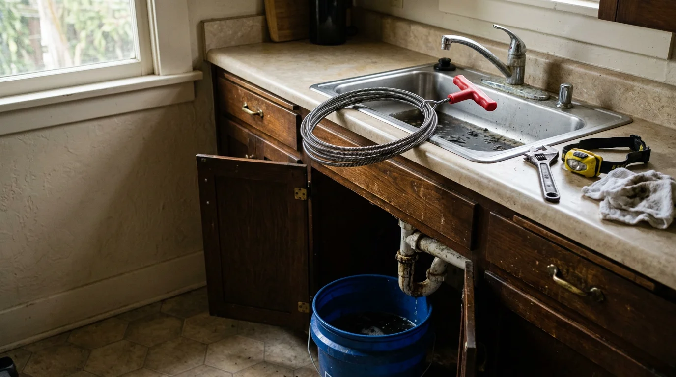 A plumber clearing a blocked main drain line beneath a Pasadena home with aging clay pipes. The work area shows an open cleanout access point with a drain snake in use.