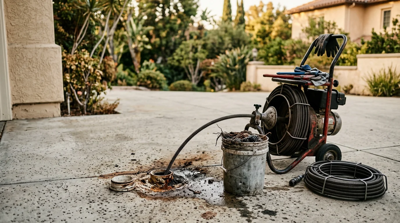 A plumber clearing a clogged kitchen drain in an older Pasadena home with cast-iron pipes. The drain line is being snaked to remove grease and debris buildup.