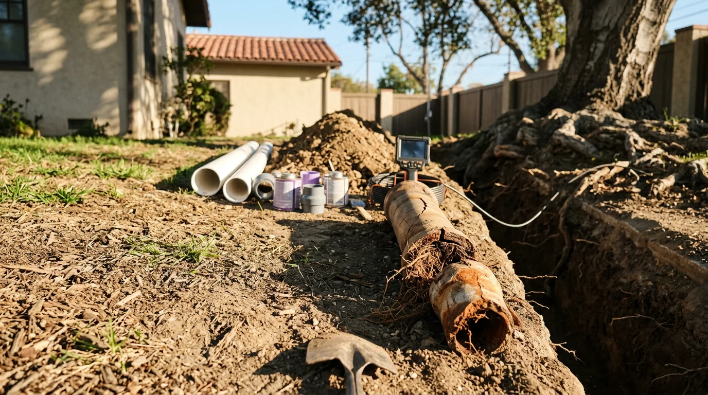 A drain pipe repair in progress at a Pasadena residential property, showing an exposed clay sewer lateral with visible root intrusion and cracking. A plumber assesses the damaged section in a residential yard with mature trees in the background.
