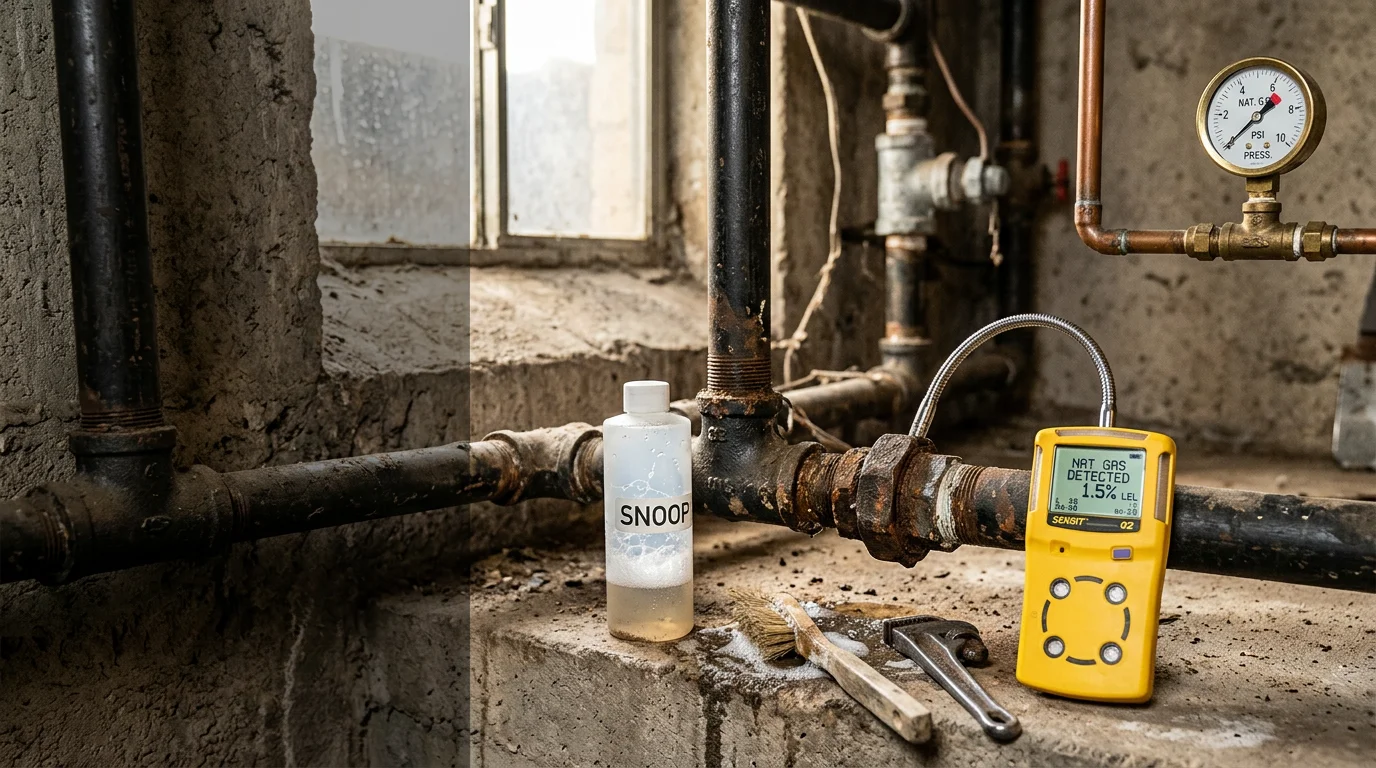 A plumber using a handheld gas leak detector along an exposed gas line inside a Pasadena home. The technician checks fittings and joints near a water heater in an older residential utility room.
