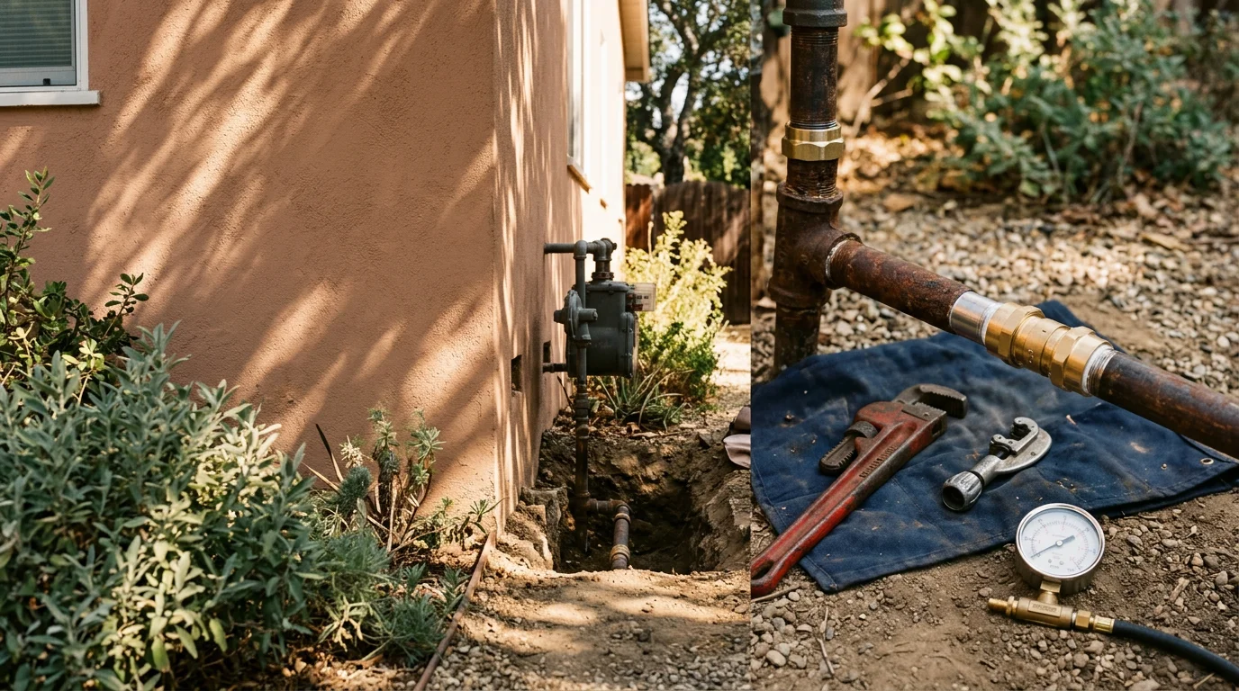 A plumber inspecting and repairing a corroded steel gas line connection beneath a residential property in Pasadena, California. The exposed pipe section shows visible joint wear typical of older San Gabriel Valley homes.