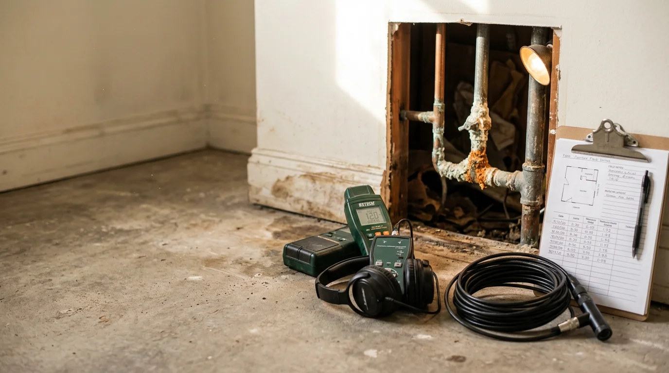 A plumber inspecting a water supply line beneath a slab foundation in a Pasadena home. The image shows detection equipment placed against a concrete floor inside an older single-family residence.