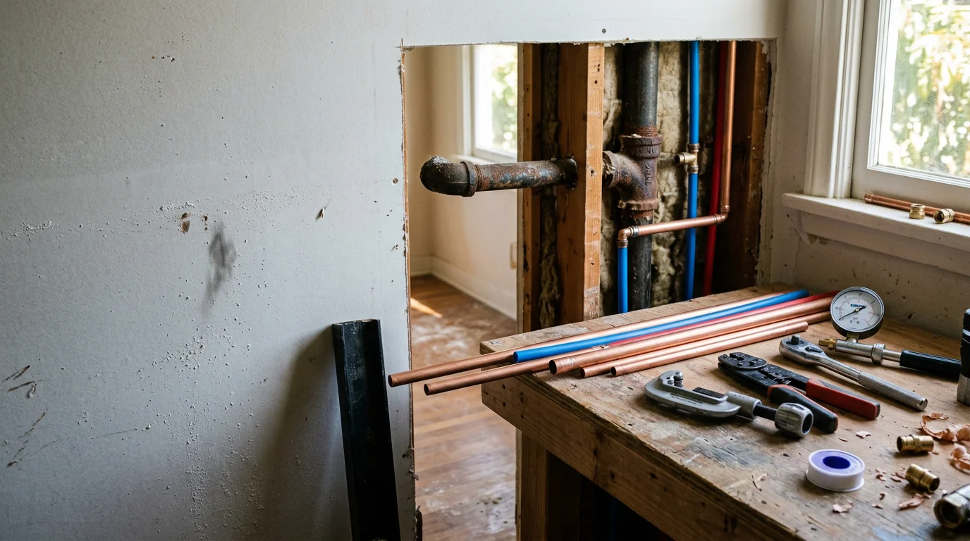 A Pasadena home's open wall cavity showing new supply lines installed during a whole-home repiping service. Modern pipe materials replace corroded galvanized lines in a pre-1960 residential property.
