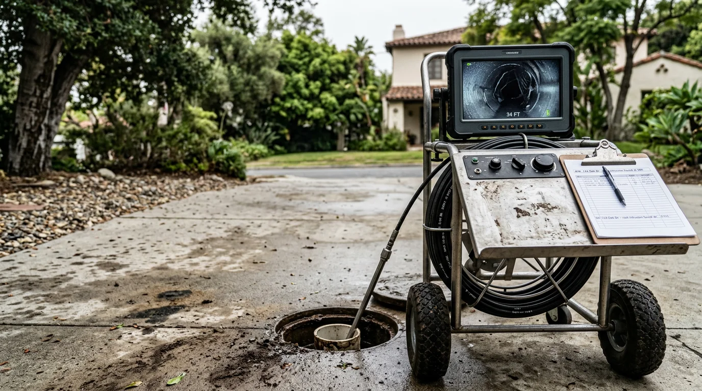 A sewer inspection camera being fed into a cleanout access point at a residential property in Pasadena, California. The surrounding yard shows mature trees typical of older San Gabriel Valley neighborhoods.