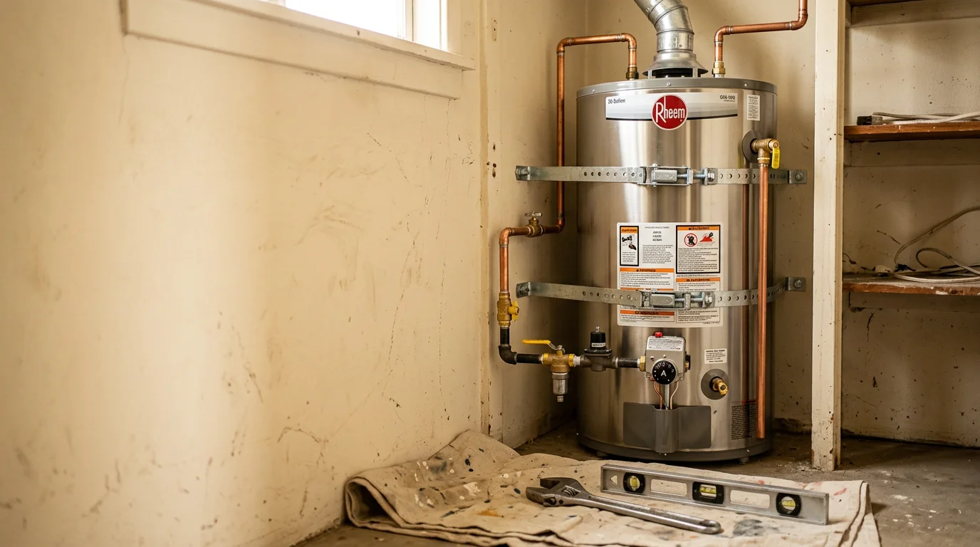 A newly installed tank water heater with seismic strapping secured to the wall studs inside a residential garage in Pasadena, California. Copper pipe connections and a pressure relief valve are visible against the utility wall.