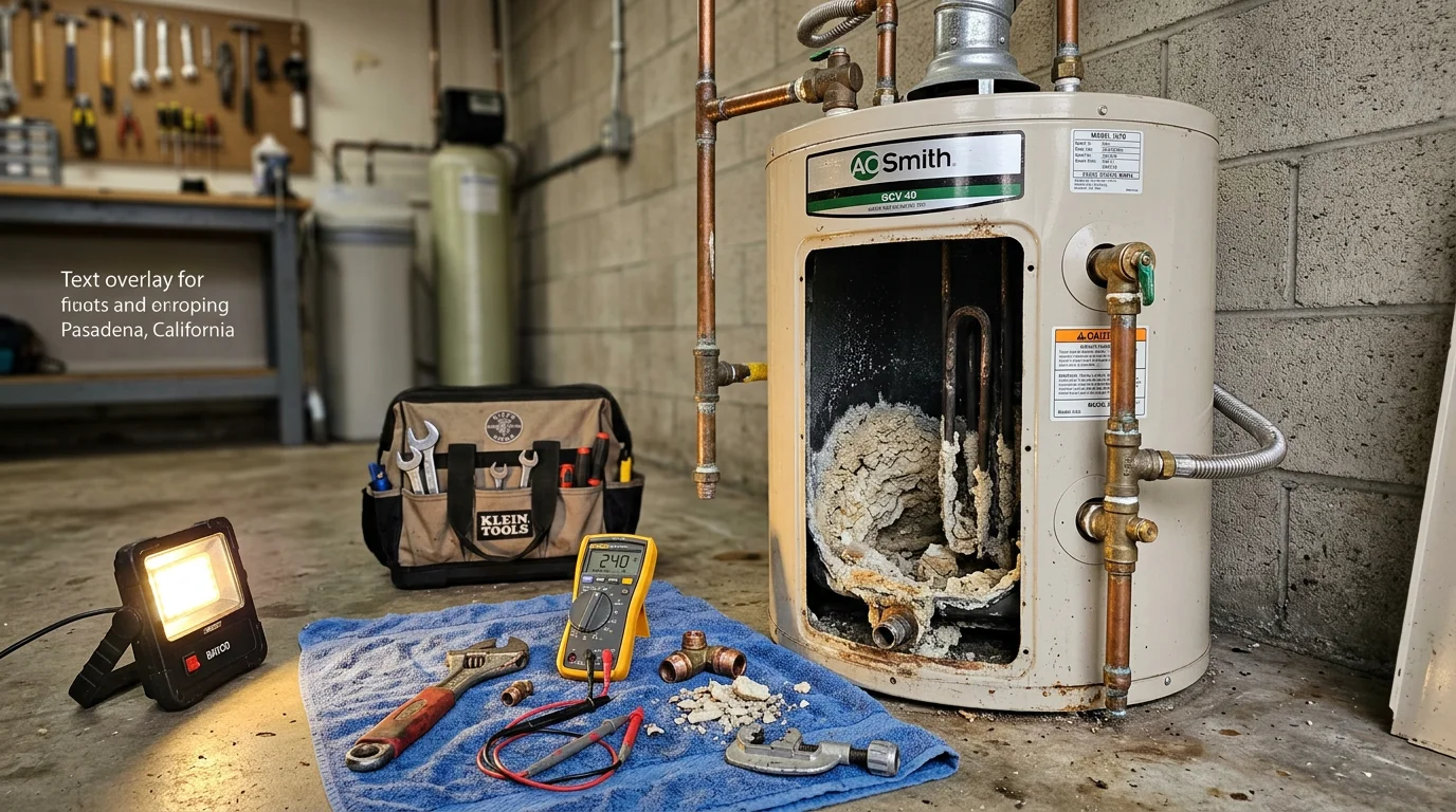 A plumber inspecting a residential tank water heater in a Pasadena home utility closet, checking the pressure relief valve and connections for signs of sediment buildup or leaks.
