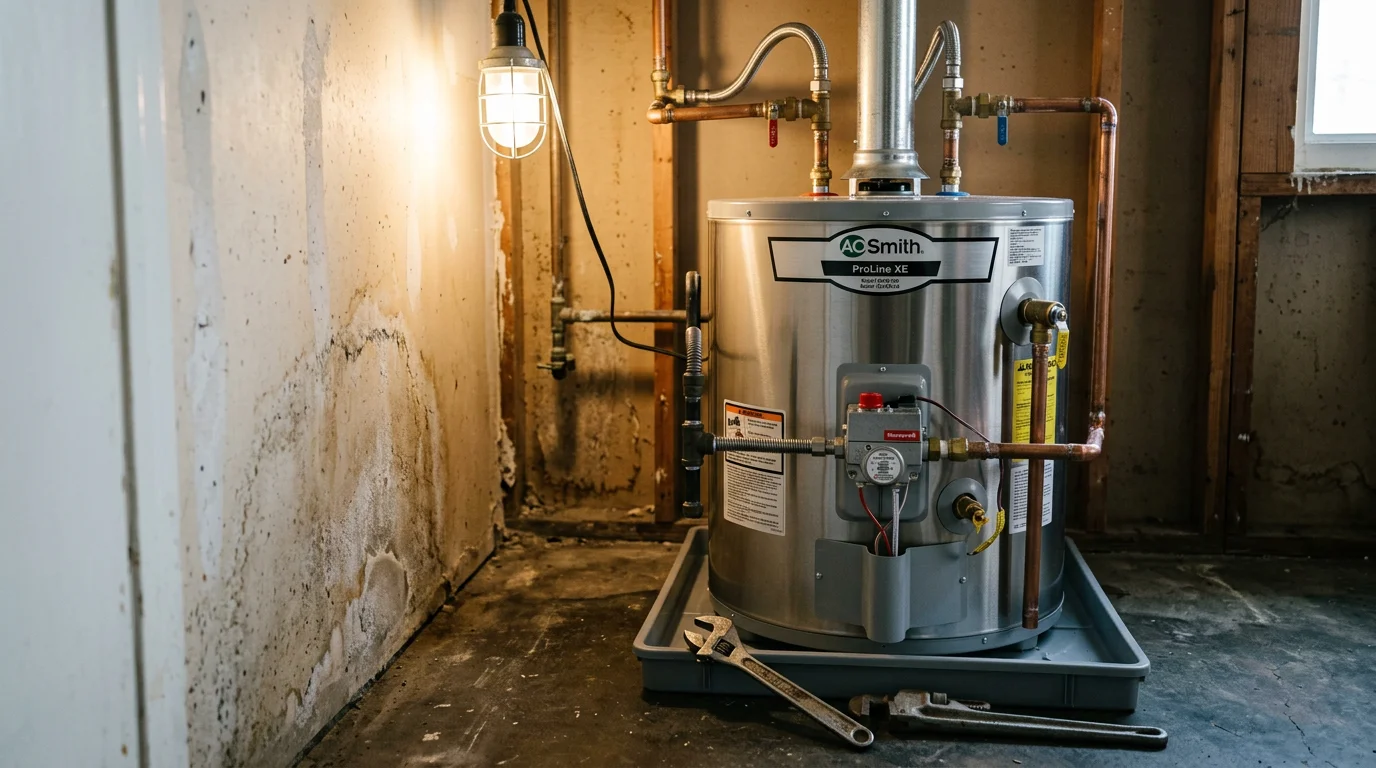 A newly installed water heater in a residential garage in Pasadena, California, with fresh copper supply line connections and seismic strapping secured to the wall. A Service Squad plumber stands beside the unit after completing the replacement.